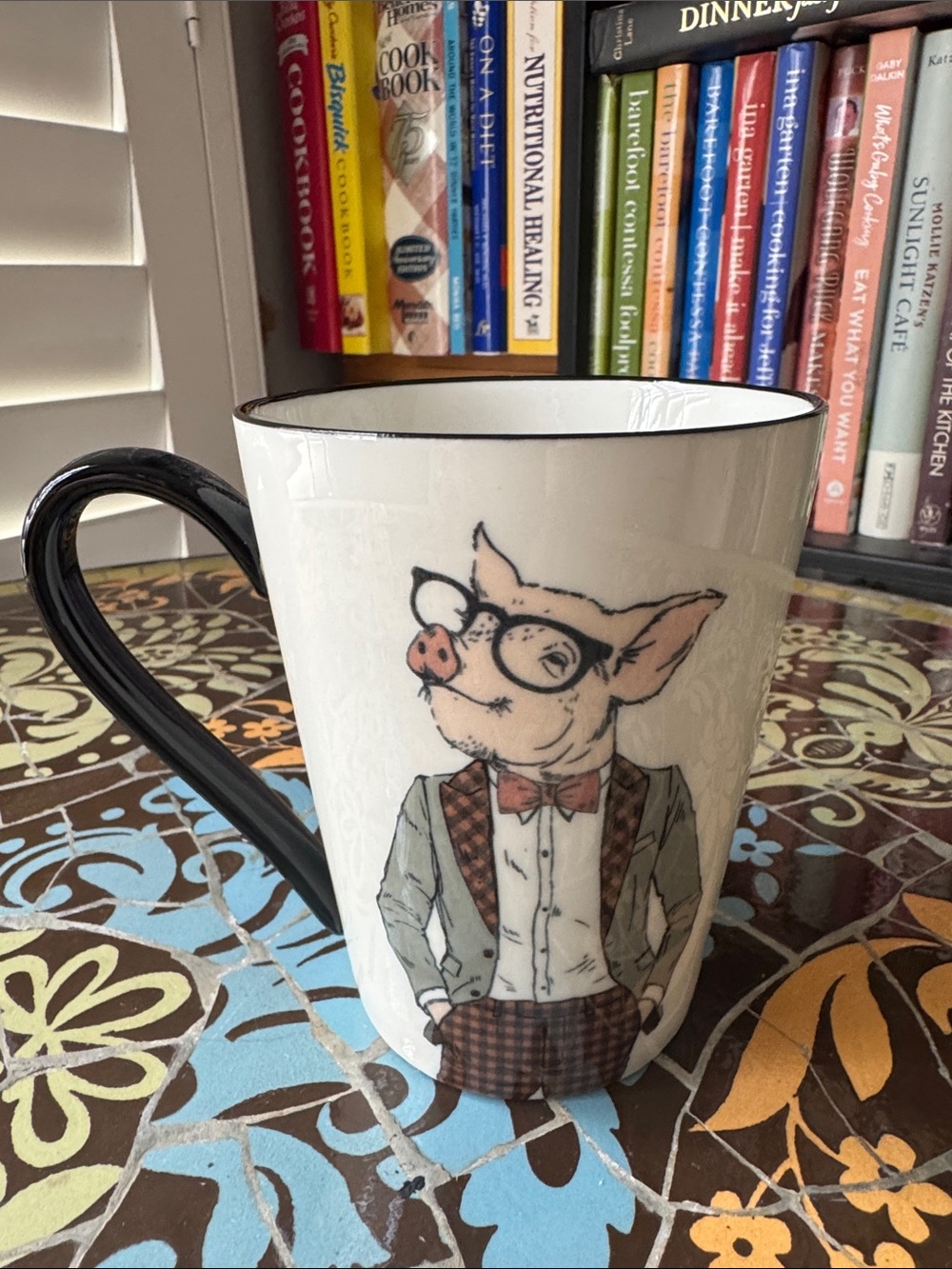 Signature White Ceramic Mug with Black Handle and Pig Gentleman Illustration
